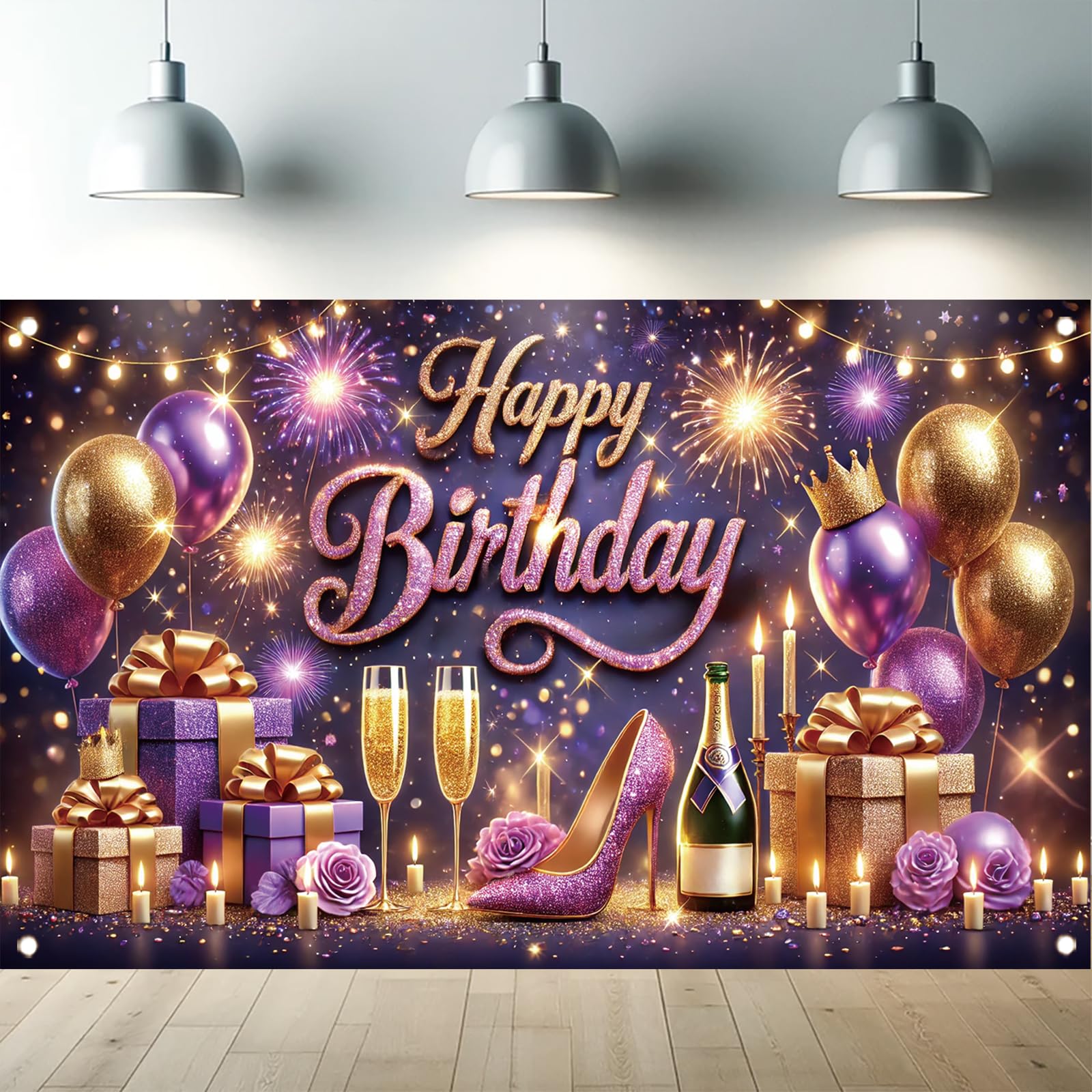 Starlit Patio Happy Birthday Backdrop Banner Glitter Heels Champagne Shining Birthday Photography Background for Women Sweet Girls Party Decoration Banner Photo Booth Photo Studio 71x43 Inch