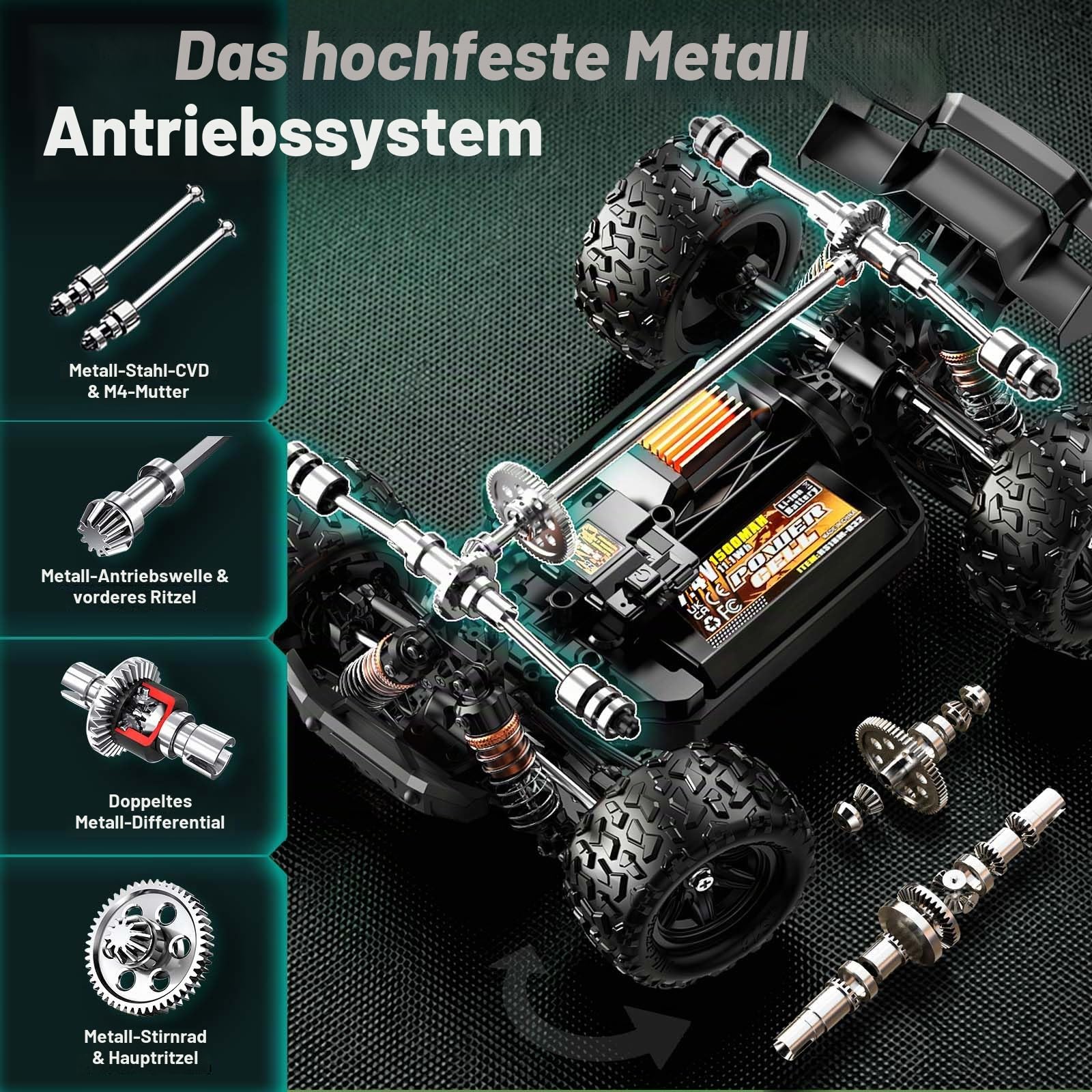 Ferngesteuertes Auto 1:18 Brushless 4WD RC Auto 52 km/h für Erwachsene & Jungen ab 10 Jahren, Offroad RC Auto mit Vollmetall-Antrieb, ölgefüllten Stoßdämpfern, 2 Akkus & 2 Karosserien