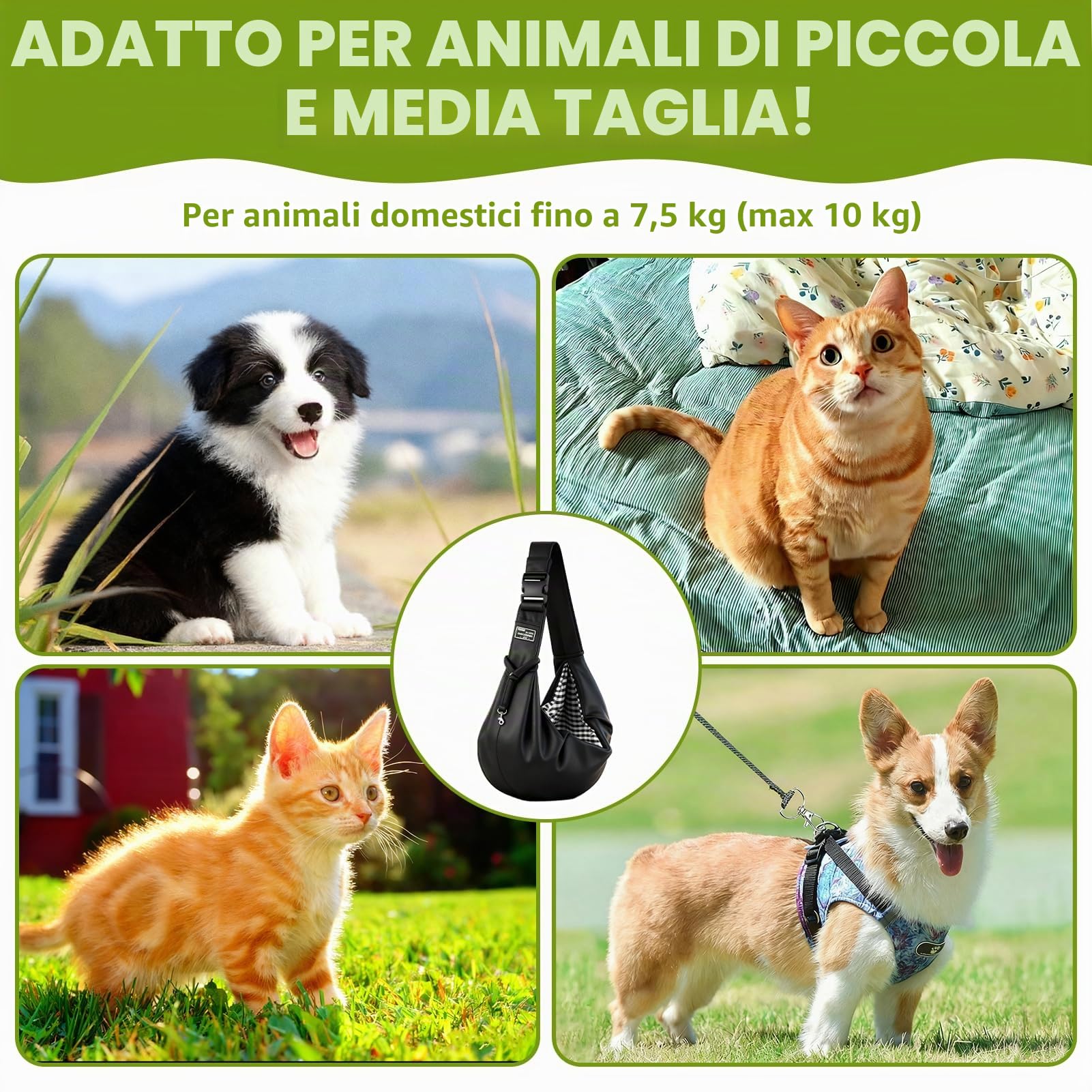 Borsa da Viaggio per Cani, Regolabile Borsa da Trasporto per Cani Piccoli, Cross-Body Pet Sling Carrier con Gancio per Cane Gatto Fino a 7.5 KG, per Viaggio, Ciclismo, Passeggiata, Nero