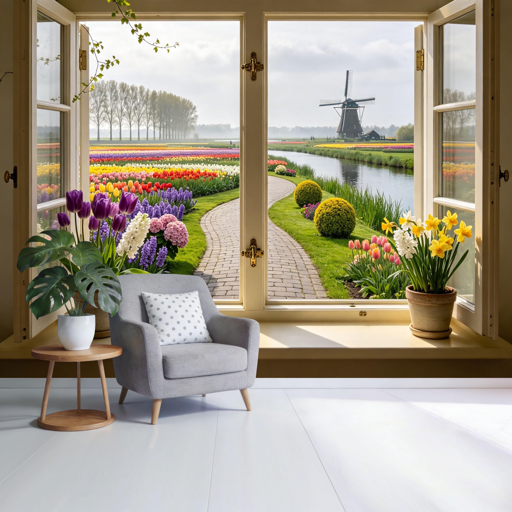 Custom Size Wall Mural Dutch Tulip Fields Windmill Landscape 3D Trompe L'Oeil Removable Self Adhesive Fabric Home Wall Decor for Living Room Bedroom Bathroom