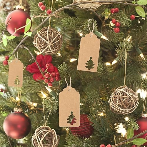 Miniatura 6 de Etiquetas de regalo de Navidad, 100 etiquetas de regalo marrones con cuerdas, 10.58 ozm de papel kraft grueso, etiquetas de Navidad con árbol de