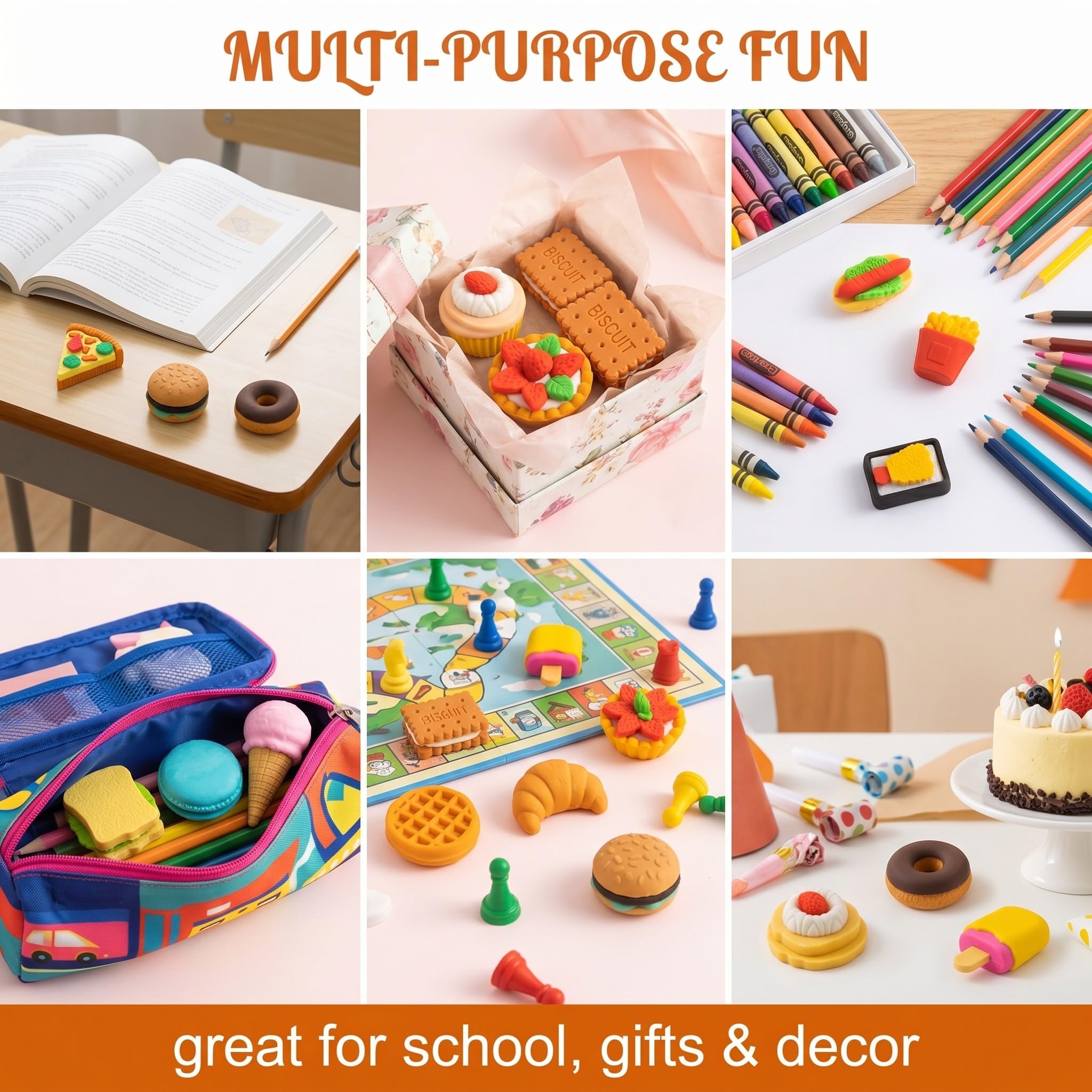 30 Pcs Gomas de Borrar Divertidas para Niños, Mini Gomas de Borrar con Forma de Comida en Caja, Borradores de Lápiz para Premios Escolares, Regalos de Cumpleaños y Suministros de Papelería
