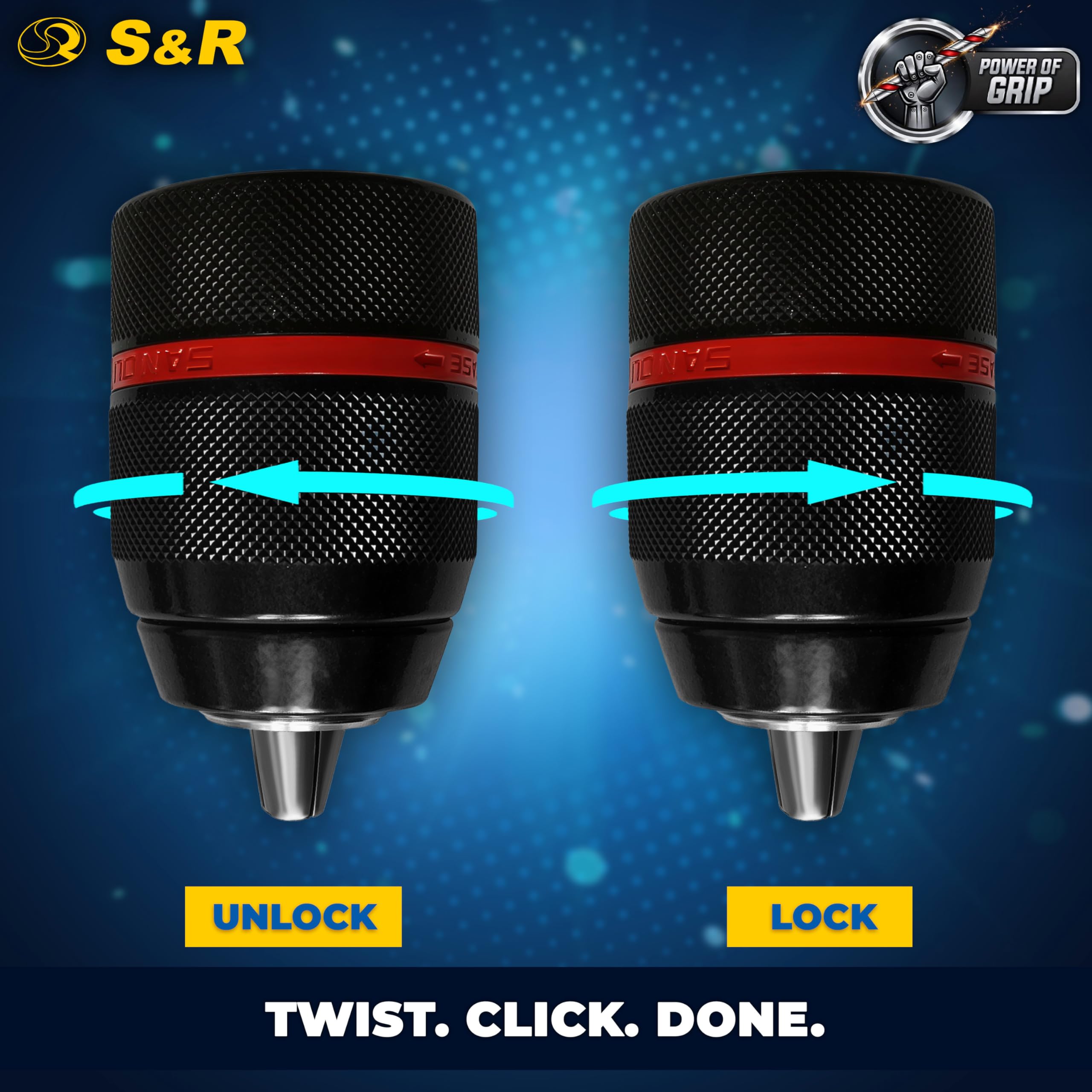 S&R Szybkozaciskowy uchwyt wiertarski 2 mm – 13 mm 1/2-20 UNF z adapterem SDS-plus i adapterem sześciokątnym HEX, szybkozaciskowy uchwyt wiertarski z gwintem, uchwyt szybkozaciskowy do wiercenia