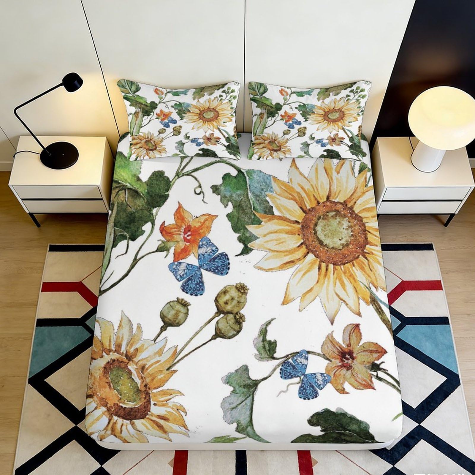 3D Printed Sunflower Botanical Fitted Sheet Microfiber Soft Washable Floral Bed Cover for Bedroom Guest Room Decor 90x200x25cm