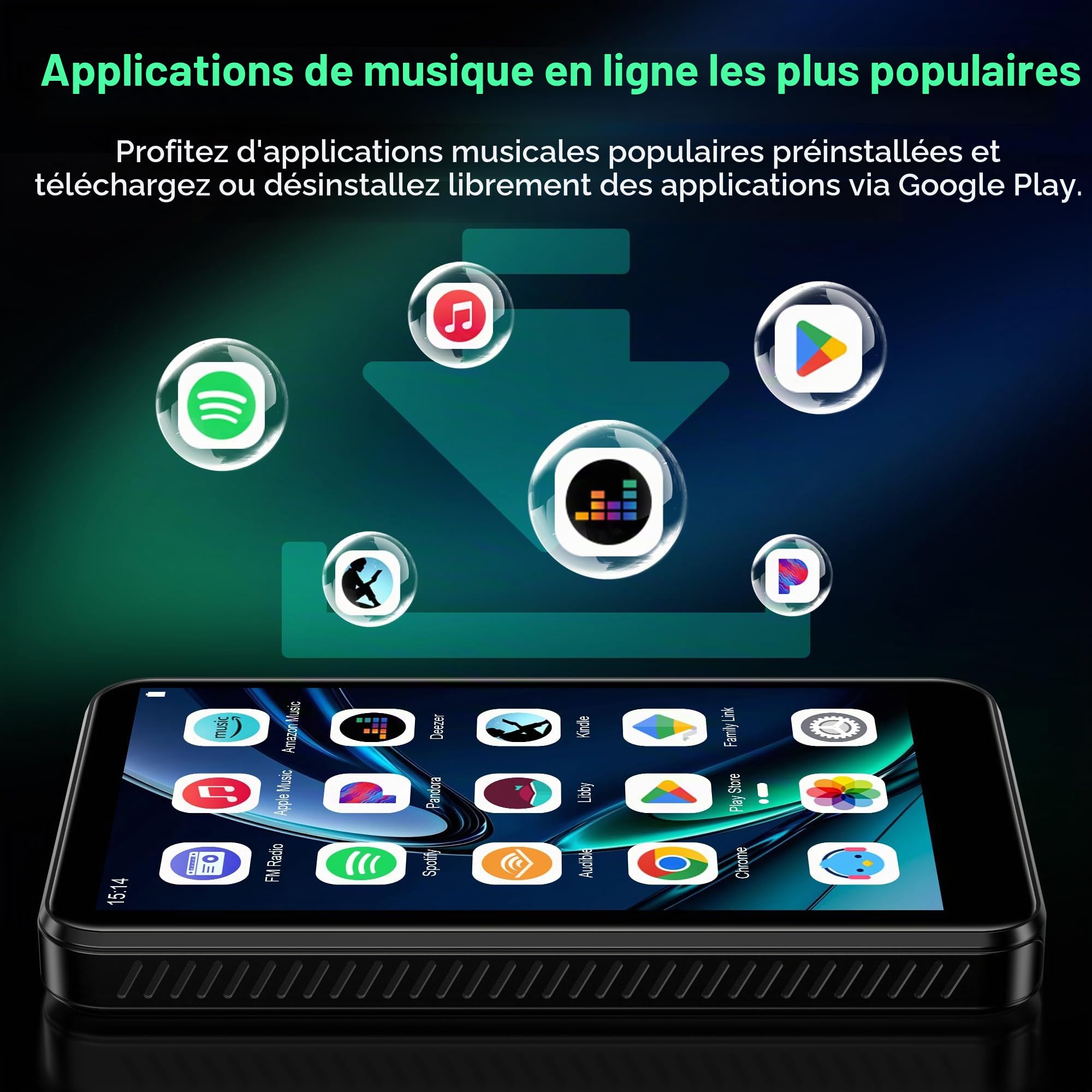Lecteur MP3 SWOFY D08 32GB sous Android 13, écran Tactile 4 Pouces. Doté du Bluetooth et du WiFi, il Prend en Charge Spotify, Audible, Play Store et la Radio FM. Capacité Extensible Jusqu’à 1 to