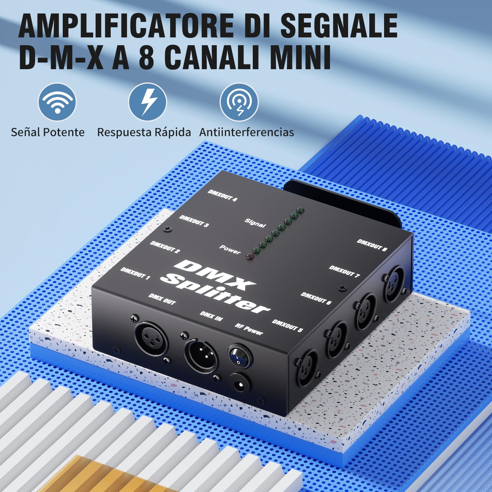 Divisor Óptico DMX, Amplificador de Señal DMX512 con 1 Entrada y 8 Salidas Independientes, para Iluminación de Escenario LED PAR Cabeza Móvil Creando Espectáculos de Luces
