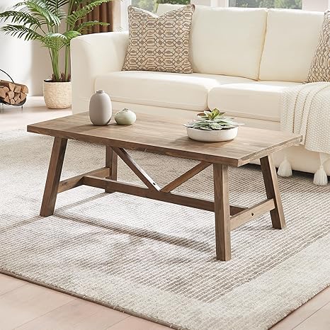 Wnutrees Farmhouse 43" Coffee Table,Solid Wood Center Tables for Living Room and Office, Rustic Wooden Rectangular Table with V-Shaped Support, Natural