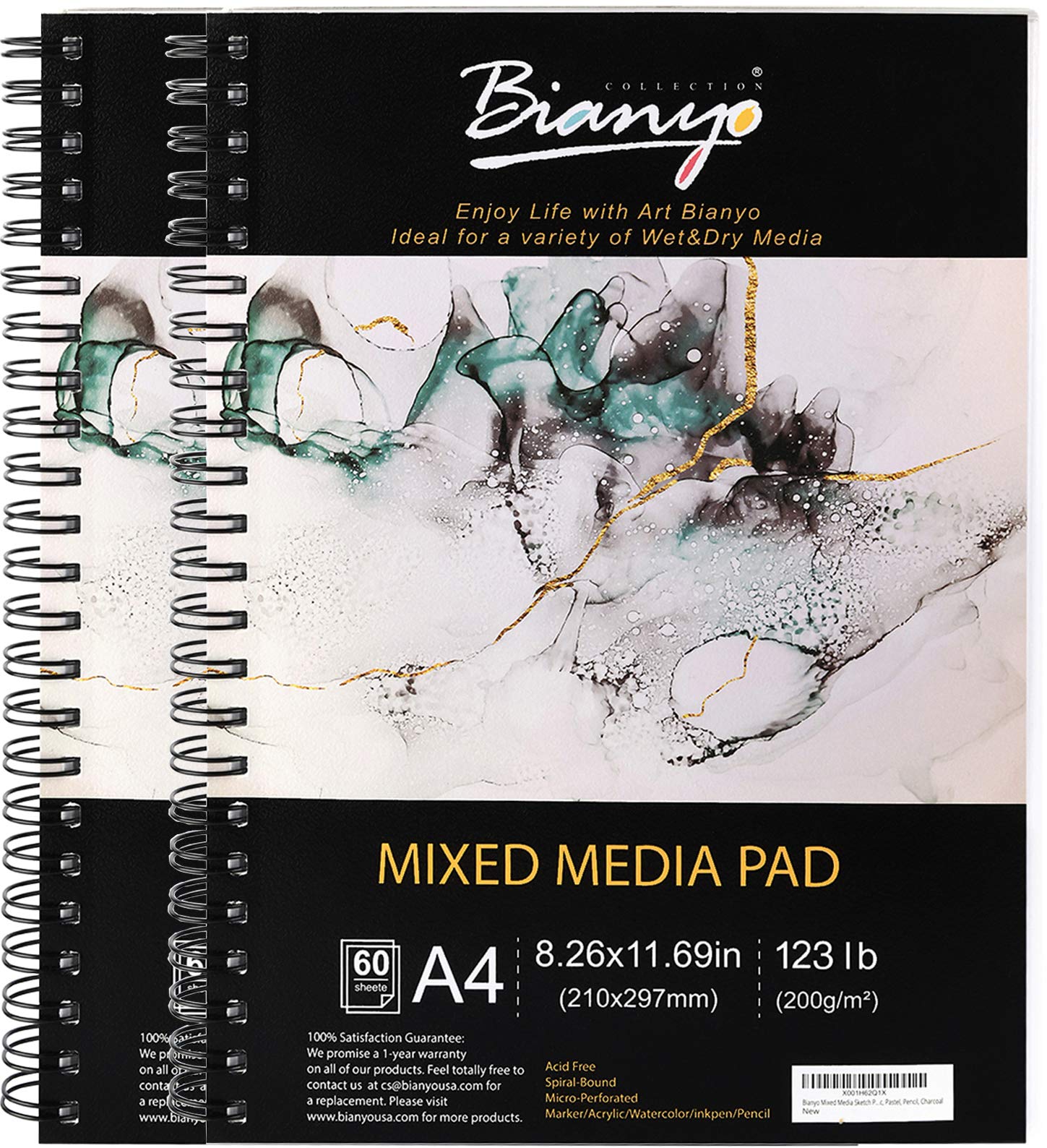 Mixed Media Paper Sketchbook, A4 (8.26" X 11.69"), 60 Sheets/Each, 123 LB/200 GSM, Pack of 2 Pads, Spiral-Bound Pad, Ideal for Wet & Dry Media Like Marker, Watercolor, Acrylic, Pastel, Pencil