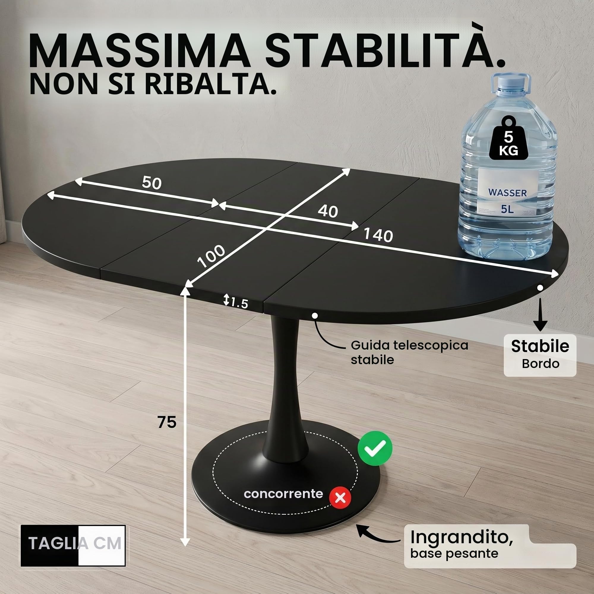 Tavolo da pranzo rotondo estensibile, 100/140 x 40 x 75 cm, tavolo da cucina per 2-6 persone, tavolino ausiliario/tavolo da pranzo - piano in legno e gambe in ferro, tavolo rotondo/tavolo