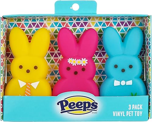 Peeps Juguetes de vinilo para perros de 3 piezas para mascotas, color amarillo, rosa, azul, juguetes de plástico chirriantes de 4 pulgadas, paquete