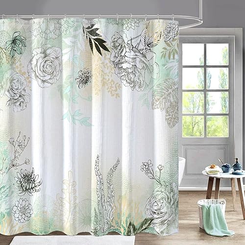 Juego de cortina de ducha de tela verde y amarillo con 12 anillos de metal, planta floral de verano y coral ombré, cortina de ducha impermeable para