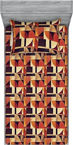 Miniatura 55 de Ambesonne Geometric Fitted Sheet & Pillow Sham Set, Minimalist Vibe Retro Pattern of Waves and Circles Scandinavian, Decorative Printed 3 Piece Pale