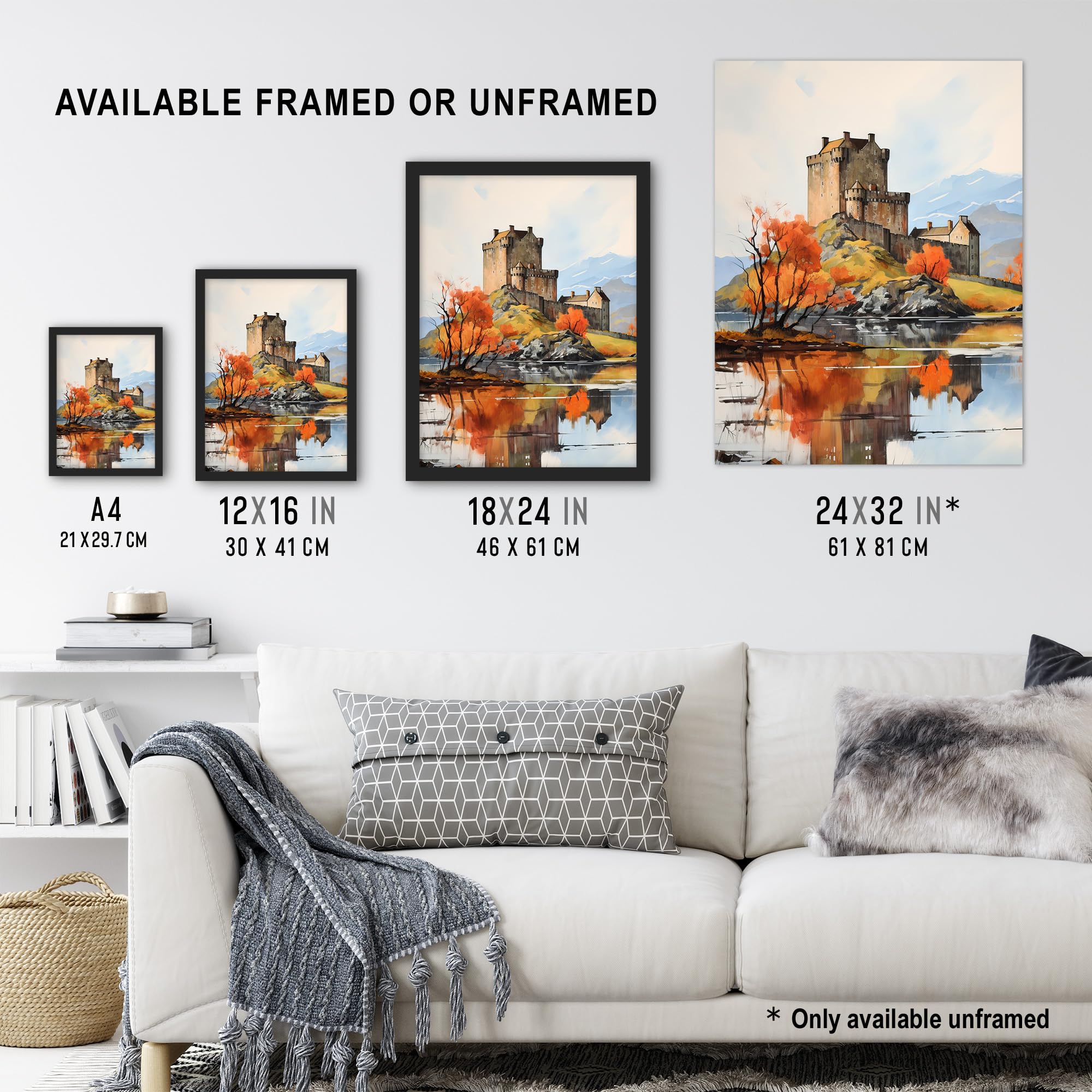 Artery8 Eilean Donan Castle Scotland Watercolour Painting Misty Morning Autumn Sunlight Extra Large XL Wall Art Poster Print - Image 3