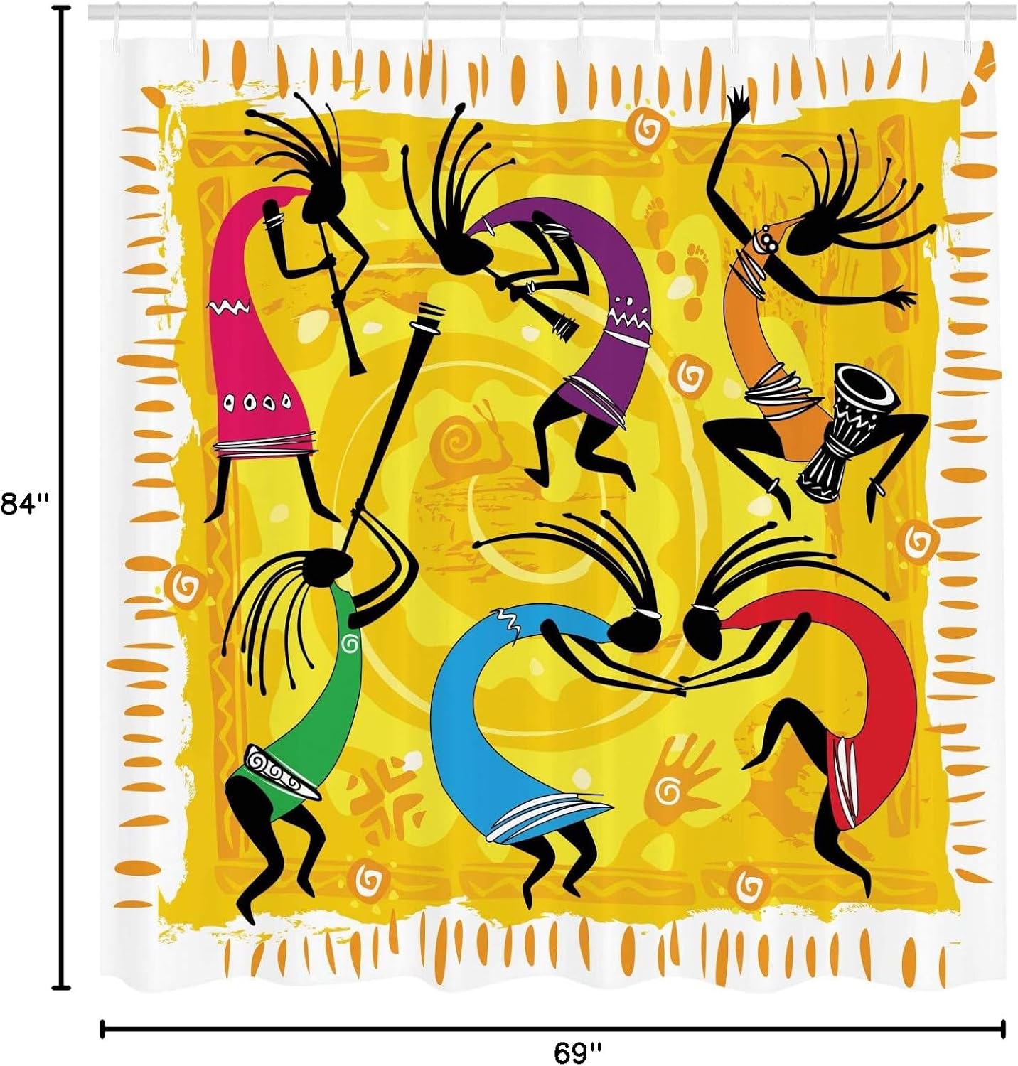 Lunarable Ethnic Shower Curtain, Dancing and Playing Ethno Music Instruments on Tribal Pattern Artwork, Cloth Fabric Bathroom Decor Set with Hooks, 69" W x 84" L, Purple Yellow and Black