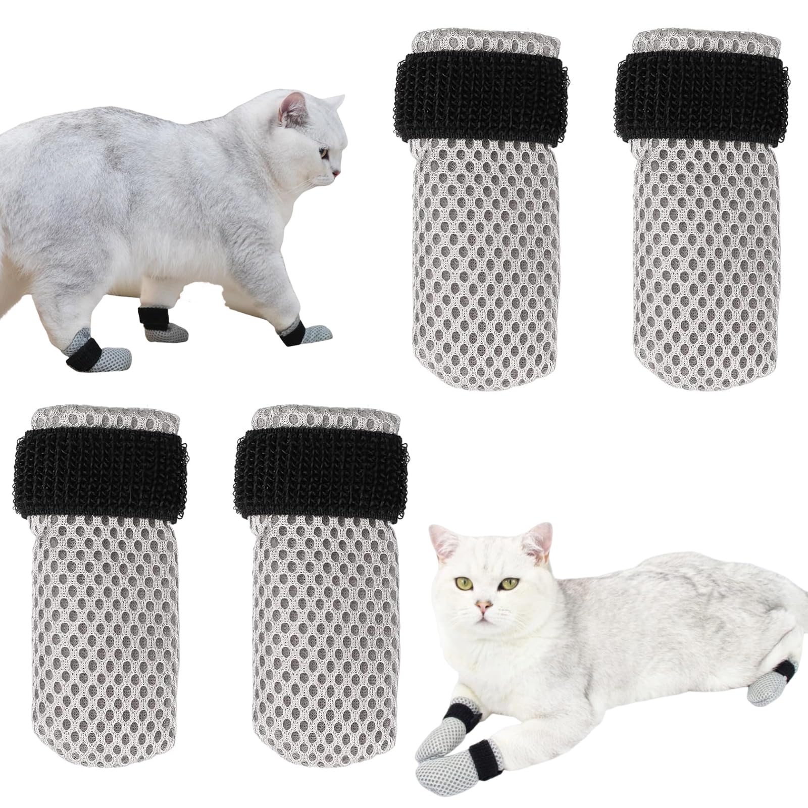 4 Pcs Cat Claw Caps, Cat Booties Anti Scratch Mittens, to Prevent Scratching - Suitable for Bathing, Feeding & Nail Trimming (S, Black/Grey)