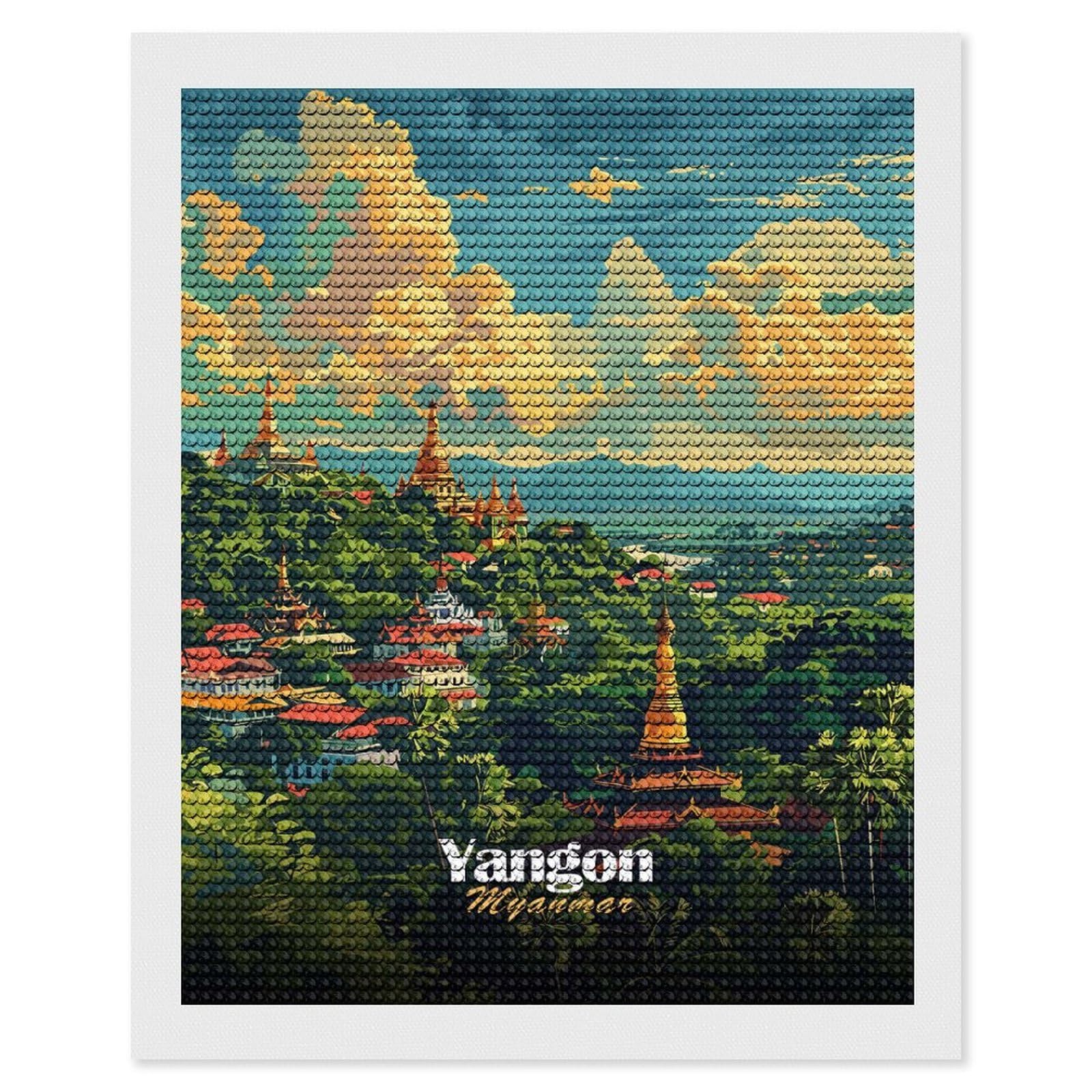 Junmoney Yangon, Myanmar Cityscape Diamond Painting Kit 16"x20", for Women, Simple to Start, Bedroom Decor, Christmas Gift, Good for Quiet Evenings