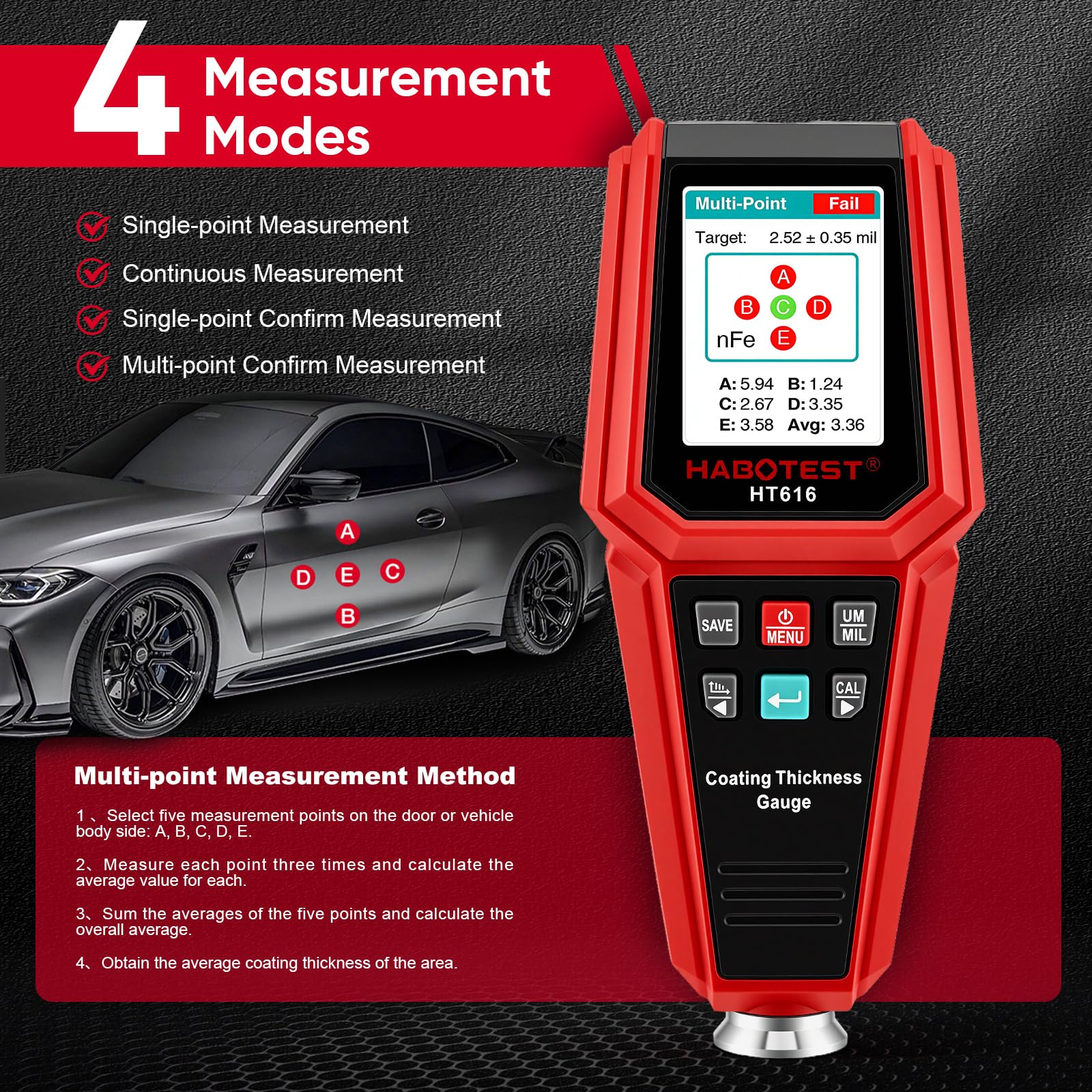 Spessimetro per Vernice Auto, Misuratore Digitale con Grafico a Barre, Schermo a Colori Retroilluminato 4 Vie, Allarme di Soglia, Sonda Fe/NFe