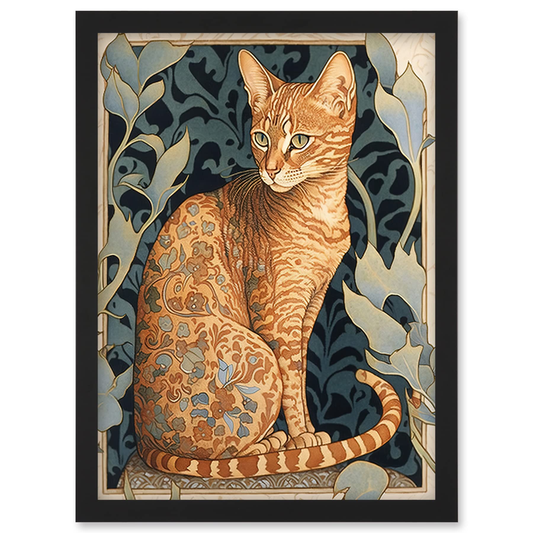 Artery8 Ocicat Cat with Flower Pattern Fur Coat Art Nouveau Watercolour Illustration Artwork Framed Wall Art Print A4