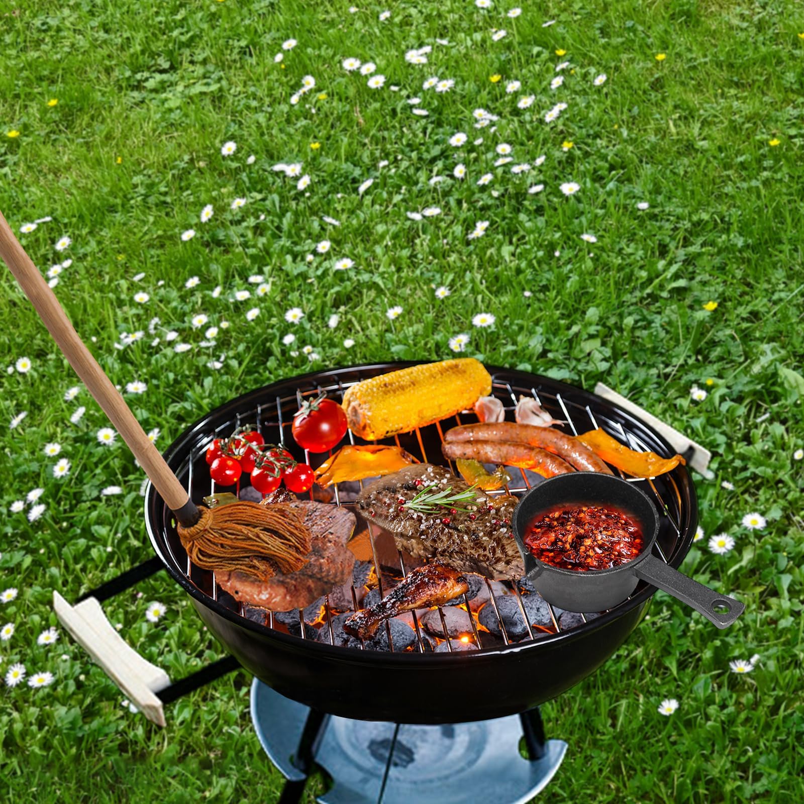 IMZSOK Zestaw żeliwnych garnków do sosów do grillowania i szczotek do grilla, zestaw 11 w 1 zawiera 2 długie uchwyty pędzli, 6 głowic szczotek, 1 żeliwną patelnię do grillowania i 2 silikonowe