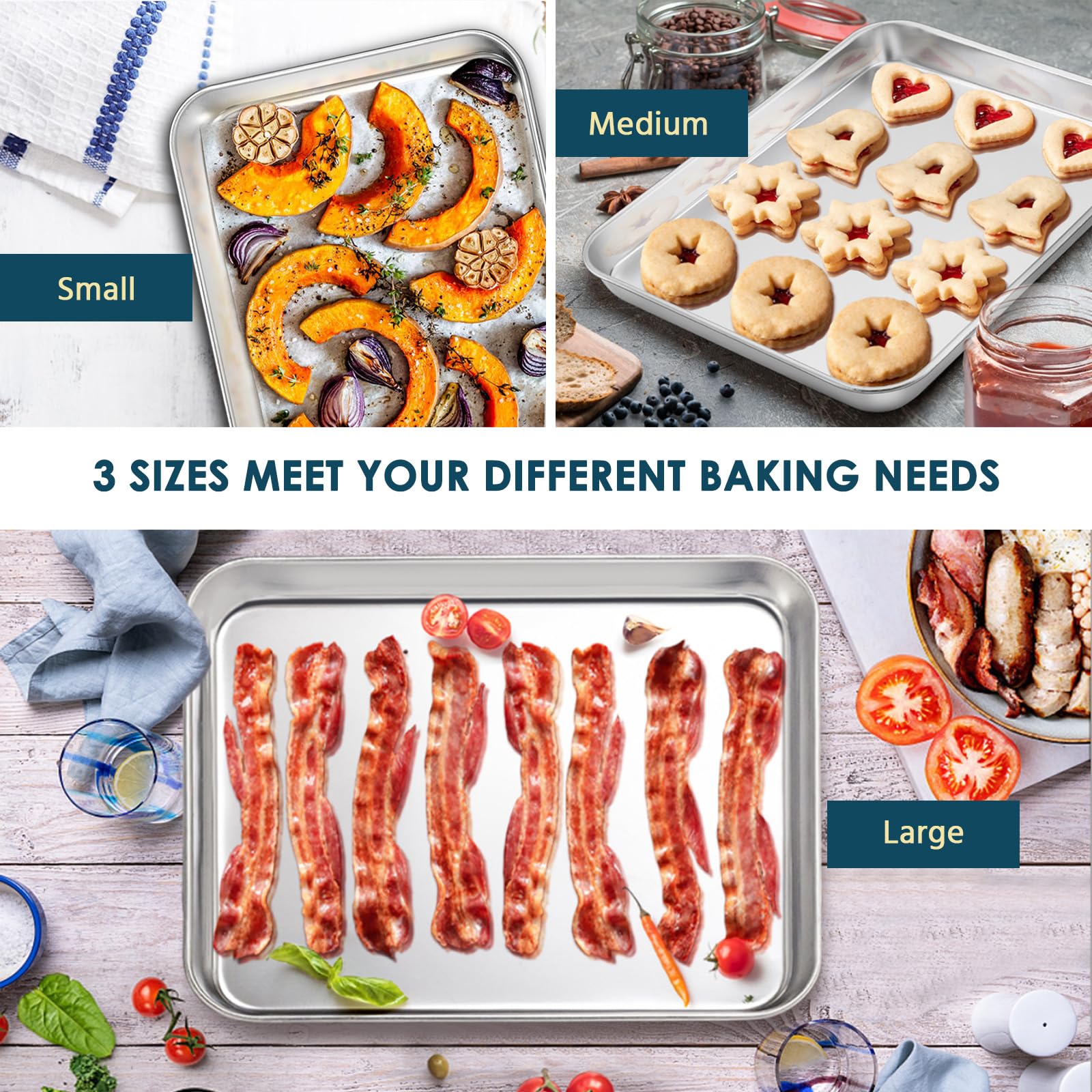 E-far Juego de 3 bandejas de acero inoxidable para hornear de 12.4 pulgadas, 10.5 pulgadas, 9.4 pulgadas para horno, bandeja de metal con borde para cocinar tocino, no tóxica y apta para lavavajillas