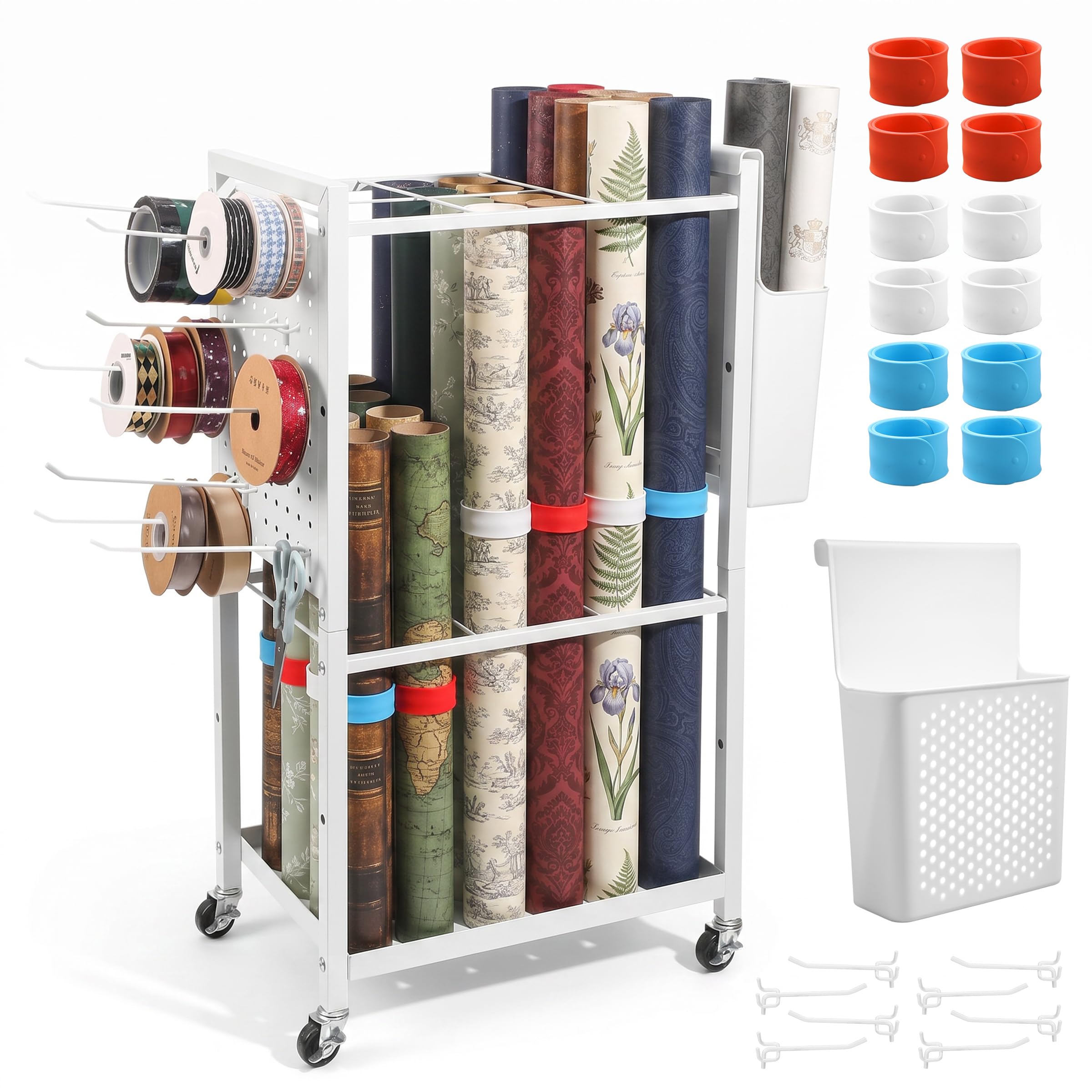Sennor White Adjustable Wrapping Paper Organiser Cart With 12 Slap Bands, Rolling [Gift Wrap Storage] Trolley For Up To 20 Rolls, Heavy Duty Metal [Wrapping Paper Holder] For Blueprints & Crafts