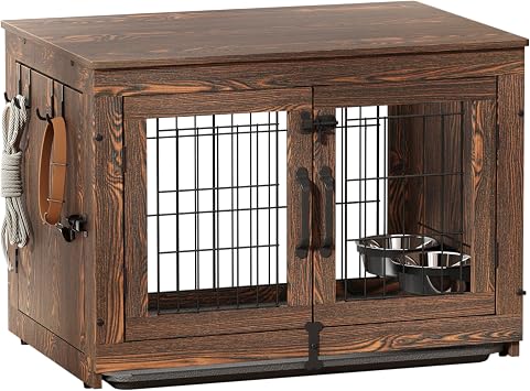 Piskyet Wooden Dog Crate Furniture with 360Rotatable Removable Dog Bowls, Dog Crate End Table with Tray, Double Doors Dog Kennels for DogsM31.8" L*22.1" W*24.1" H, Rustic Style