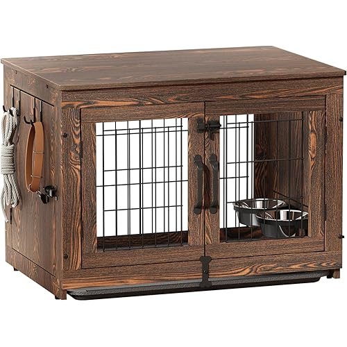 Piskyet Wooden Dog Crate Furniture with 360°Rotatable Removable Dog Bowls, Dog Crate End Table with Tray, Double Doors Dog Kennels for Dogs(M:31.8" L*22.1" W*24.1" H, Rustic Style)
