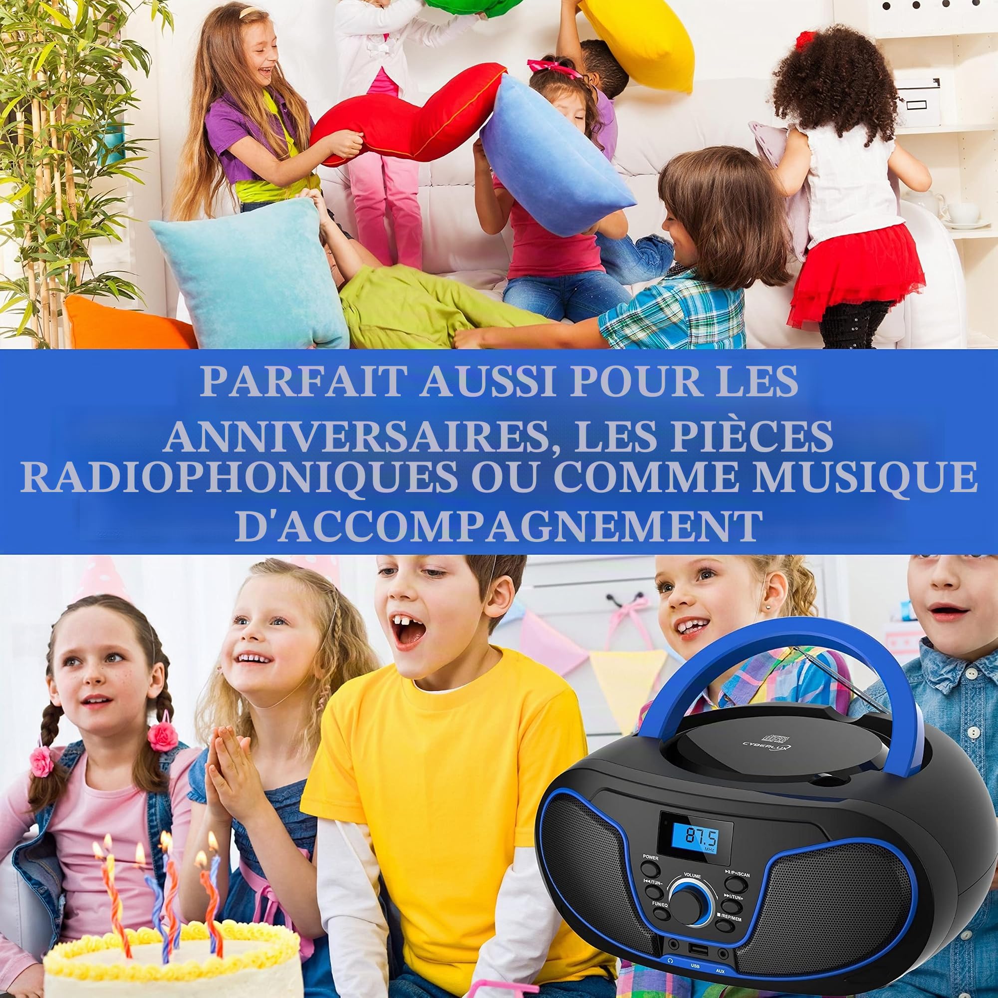 Lecteur CD/CD-R portable - Boombox - USB - Radio FM - Entrée AUX - Prise casque enfant - Chaîne stéréo - Système compact (Dark Blue)