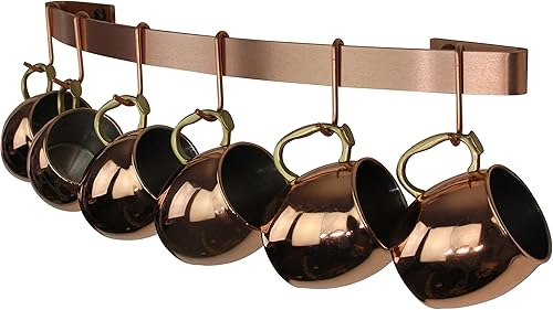 Barra de utensilios de pared curvada hecha a mano de 24 pulgadas con 6 ganchos de cobre cepillado