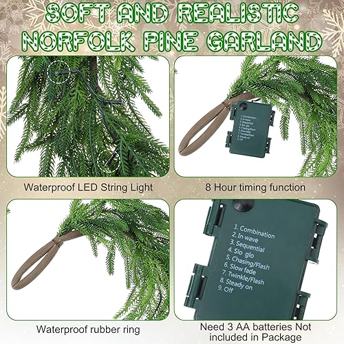 Miniatura 6 de Real Touch Norfolk - Guirnalda de pino sintético de Navidad, guirnalda de pino artificial preiluminada, con luces LED blancas cálidas para Navidad,