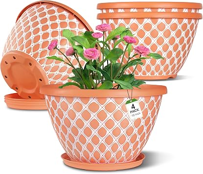 Nooulap 10 Inch Flower Pots Outdoor, 4 Pack | Drainage&Trays, Plastic Planters, Indoor Outdoor, Balcony Patio Porch Garden Decor