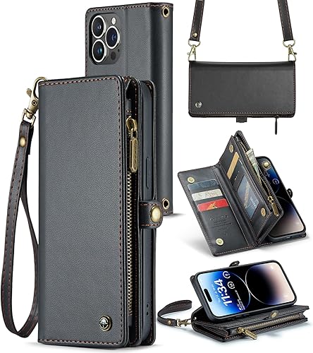 ASAPDOS Funda para iPhone 14 Pro, correa de piel sintética de gamuza retro y funda cruzada con cierre magnético, bloqueo RFID, tarjetero y soporte