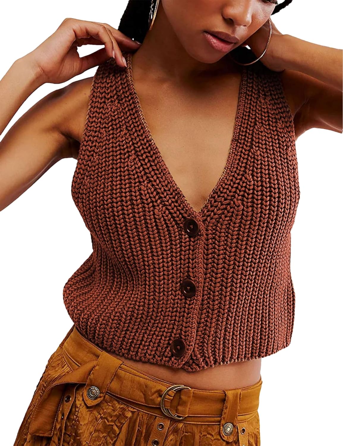 Korebow Womens Cropped Sweaters Vest Button Down V Neck Knit