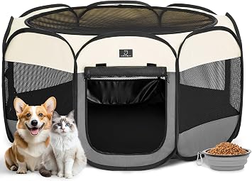 A 4 Pet 40.55-in Dog Playpen, Small Dogs & Puppies, Grey+Beige | Includes bowl, waterproof floor, pop-up design, home/travel/outdoor use