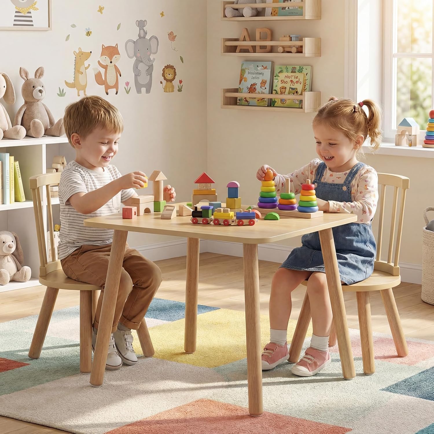 Costzon Kids Table and Chairs, Wooden 3 PCS Children Desk Set w/Pine Wood Frame, Curved Backrest & Round Seats for Playing Learning Eating, Toddler Table and Chair Set (23.5” x 23.5” x 17”,Natural)