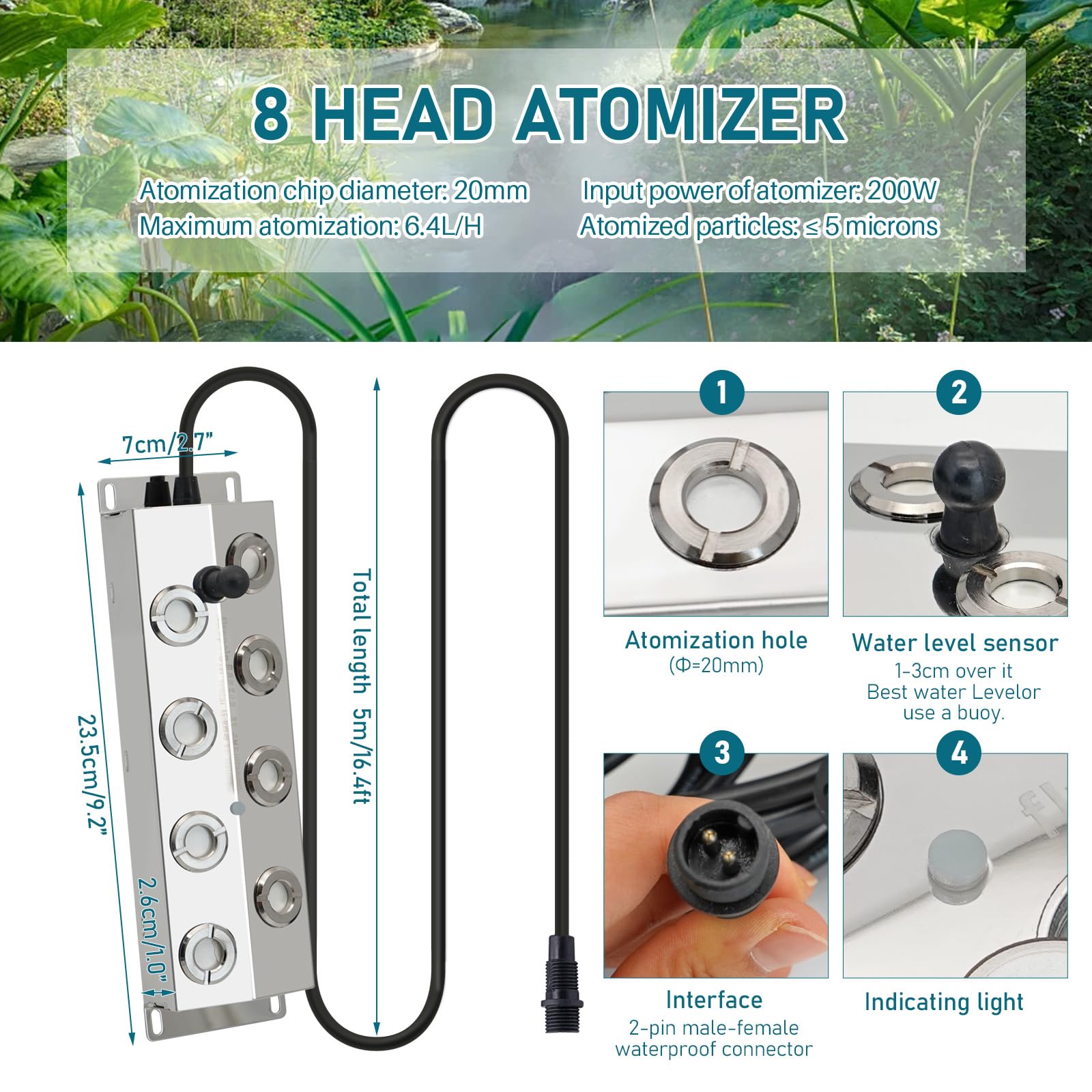 Generador De Niebla 8 Cabezas 6.4L/H Maquina De Niebla con Fuente De Alimentación De 350w Y Boya De Plástico, Atomizador De Metal, Nebulizador Ultrasónico para Estanques, Jardines, Fuentes