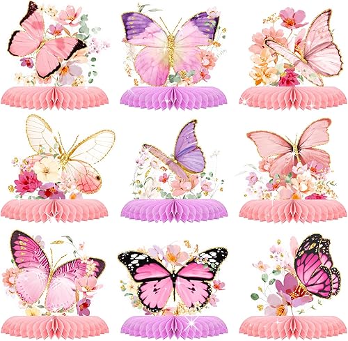 AOBKIAT Decoraciones de fiesta de cumpleaños de mariposa para niñas, 9 piezas de centros de mesa de panal con purpurina para mesas para baby shower,