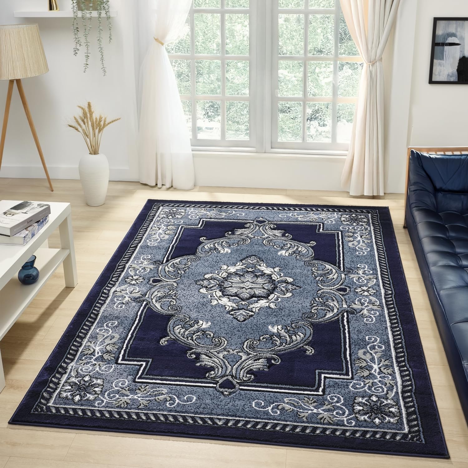 Modern 5x7 Navy Traditional Living Room Rug - Area Rugs for Living Room Dining & Bedroom - Hand Carved Runner Carpet - Durable Polyester - Non-Fade Stain-Resistant - Turkish Made