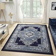 Modern 8 x 10 Rug for Living Room - Navy Oriental Large Area Rugs for Living Room Dining &amp; Bedroom - Hand Carved Runner Carpet - Durable Polyester - Non-Fade Stain-Resistant - Turkish Made