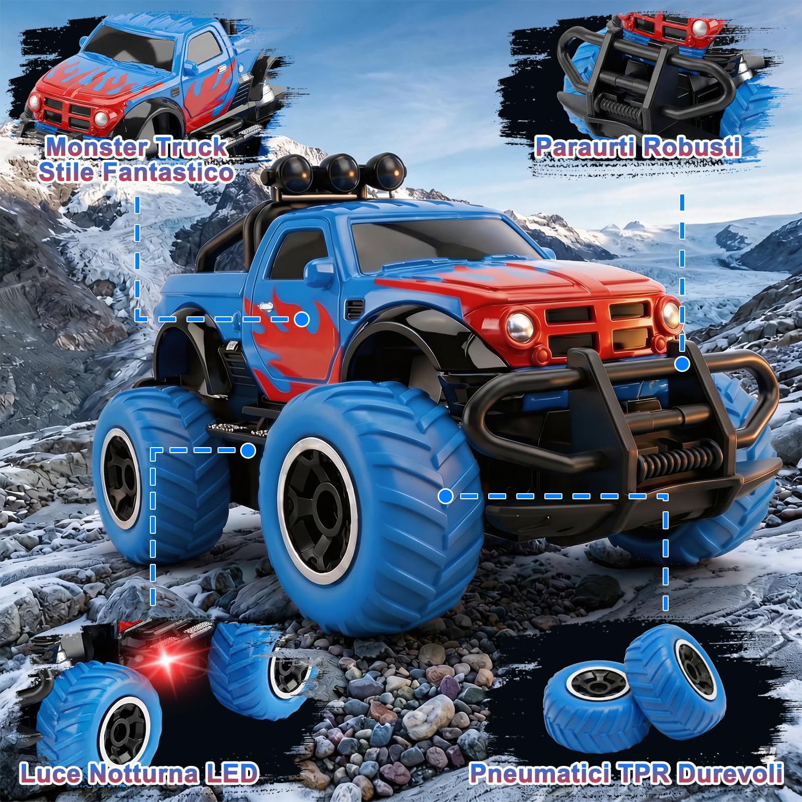 Pup Go Mini Monster Truck Auto RC per Bambini 3-8 Anni, Regalo per Ragazzo | Macchina Telecomandata Veloci Fuoristrada, Macchinina Radiocomandata Elettriche, Giocattolo Regalo Compleanno per Bambino Blu
