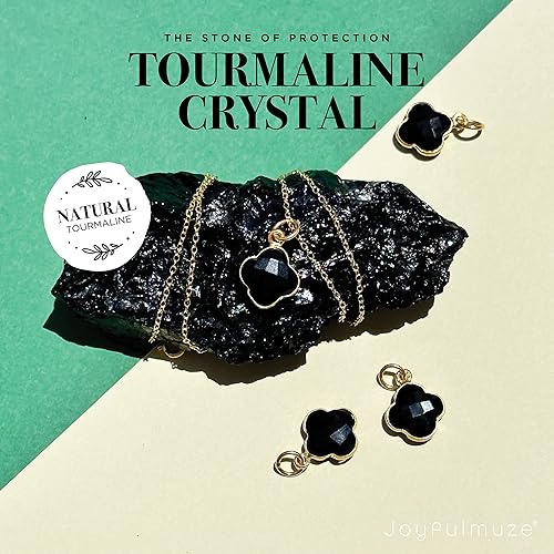 Miniatura 3 de Joyfulmuze Genuine Tourmaline Necklace, Black Crystal Carved Four Leaf Clover Shape, 925 Sterling Silver Plated 14K Gold Jewelry