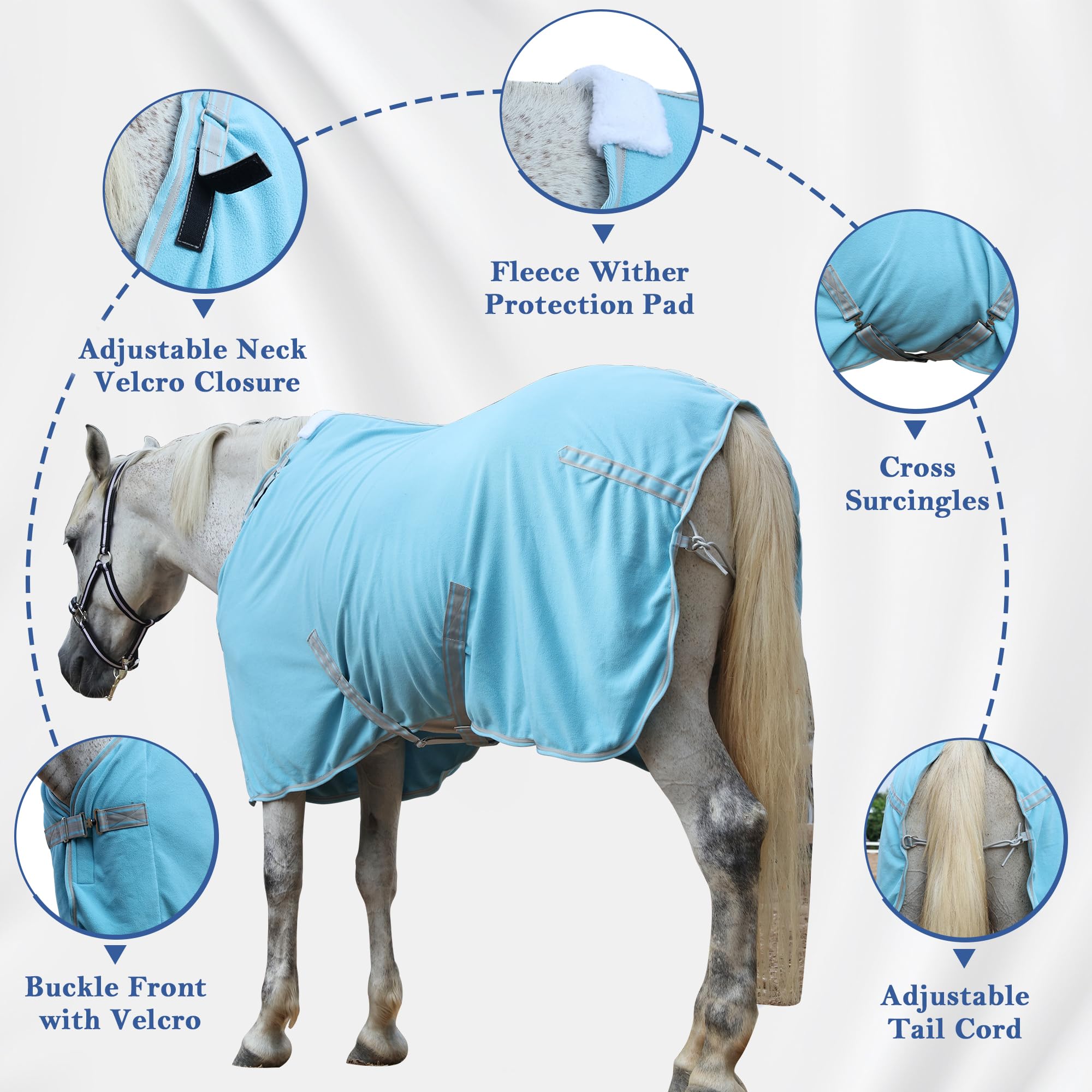 Tapis isotherme en polaire pour chevaux – Tapis anti-transpiration respirant avec col réglable – Tapis léger en polaire thermique pour post-exercice, voyage et spectacle – Bleu clair – 1,8 m