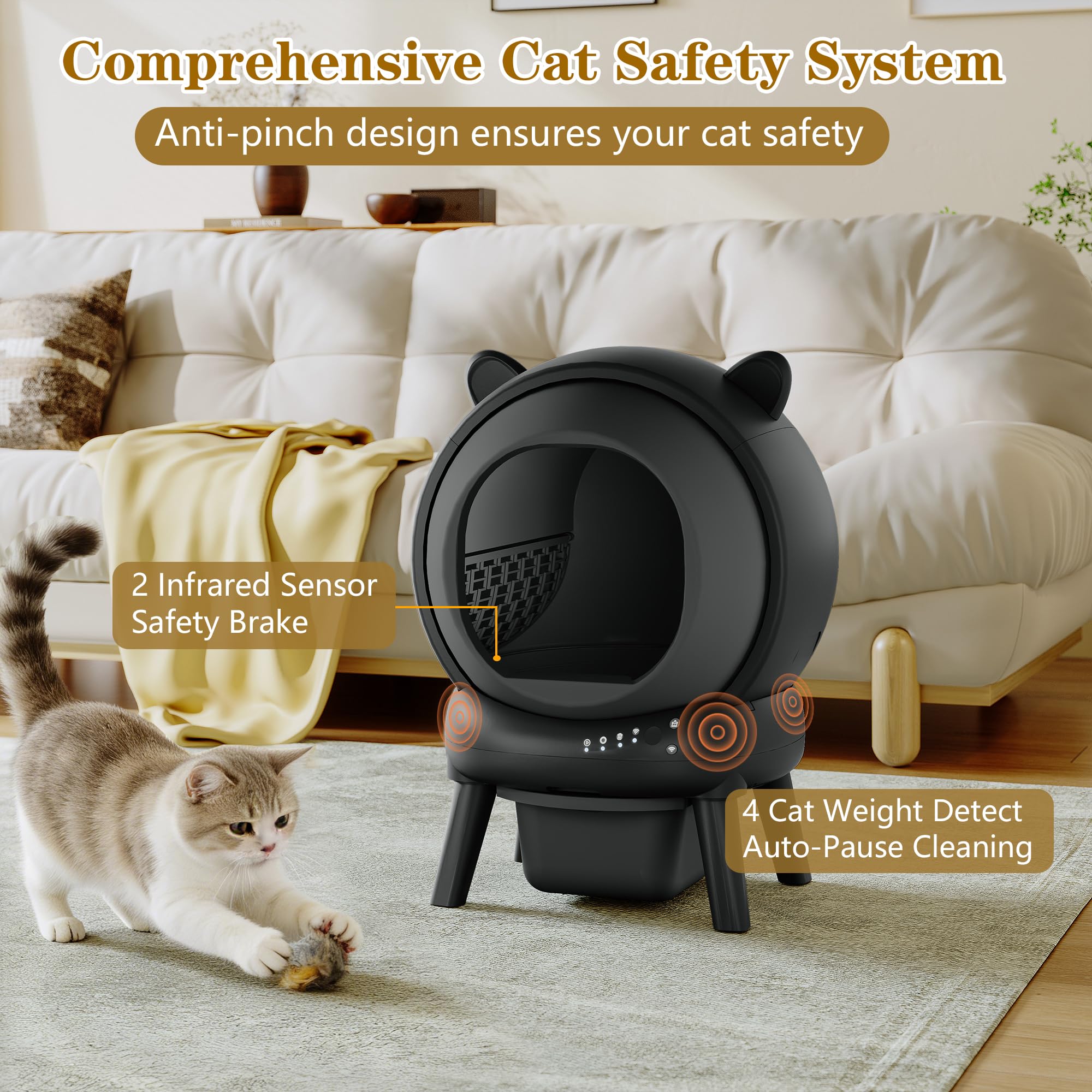 Automatic Cat Litter Box, Self Cleaning Litter Box Smart Robot for Multiple Cats, APP Real-Time Monitor, Odor & Noise Control, Safe Anti-Pinch, Trash Bag Included, Dark Grey - image 2