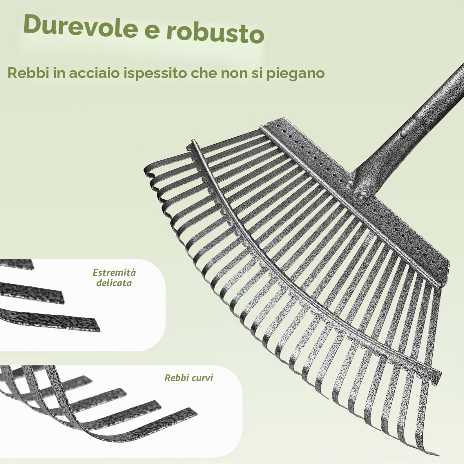 Rastrello Giardino, 25+11 Denti Rastrello per Foglie, Manico Regolabile 70-185 cm, Robustissimo per Giardino, Cortile, Terreno, Erbacce e Prato, Include 2 Paia di Guanti