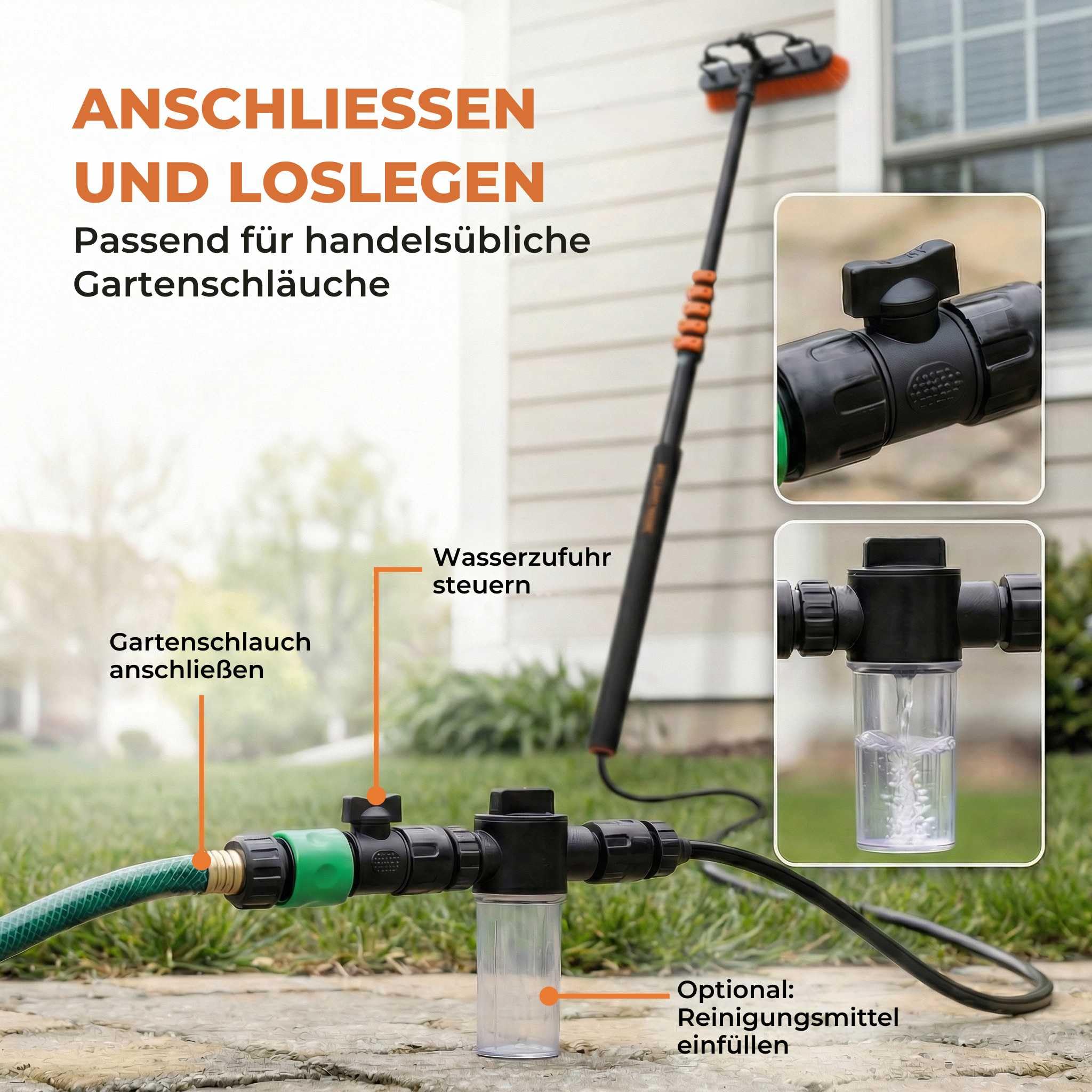 Briliantwerk® Teleskop Waschbürste mit Wasseranschluss | 6 m Reichweite | Wasserbürste für PV Anlage und Solarpanel Reinigung, Wintergarten, Terrassendach, Glasdach und Fensterreinigung