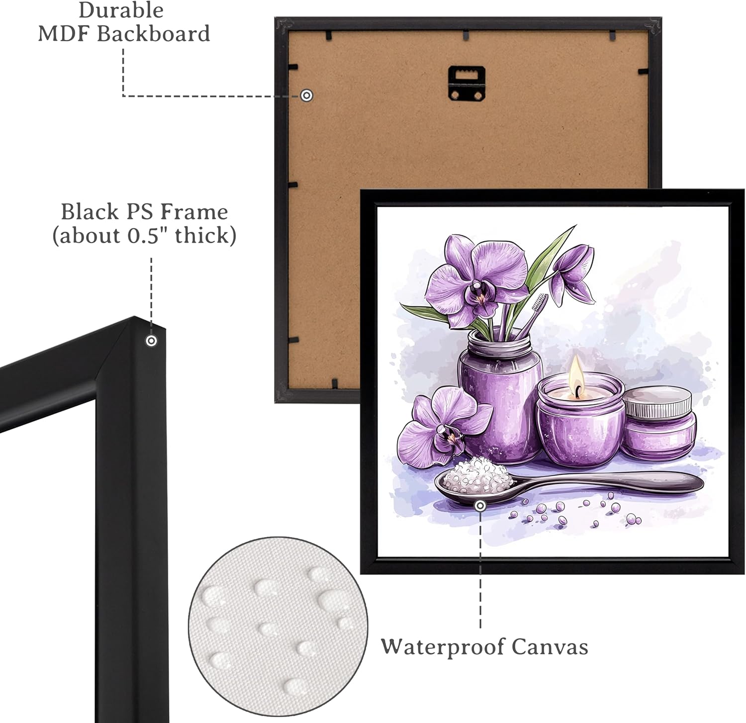 LyerArtork 4 Pieces Purple Spa Wall Art Bathroom Decor Canvas Prints Aromatherapy Candle Towel Zen Stone Orchid Flower Still Life Paintings Artwork for Meditation Room Black Framed 12x12inchx4