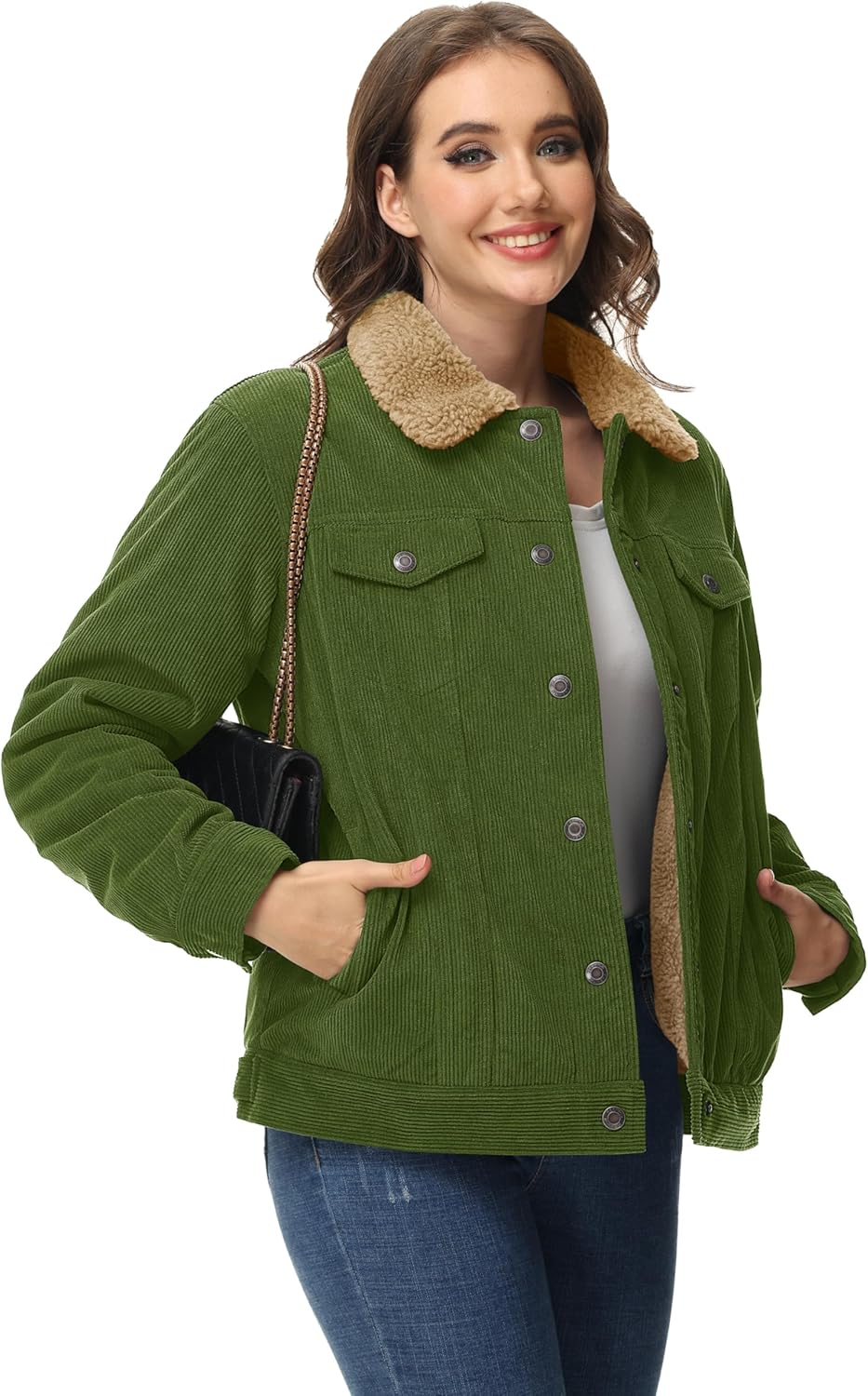 MAGCOMSEN Women's Corduroy Jacket Sherpa Fleece Lined Warm Winter Coat Button Down Casual Jacket with Pockets - Image 4
