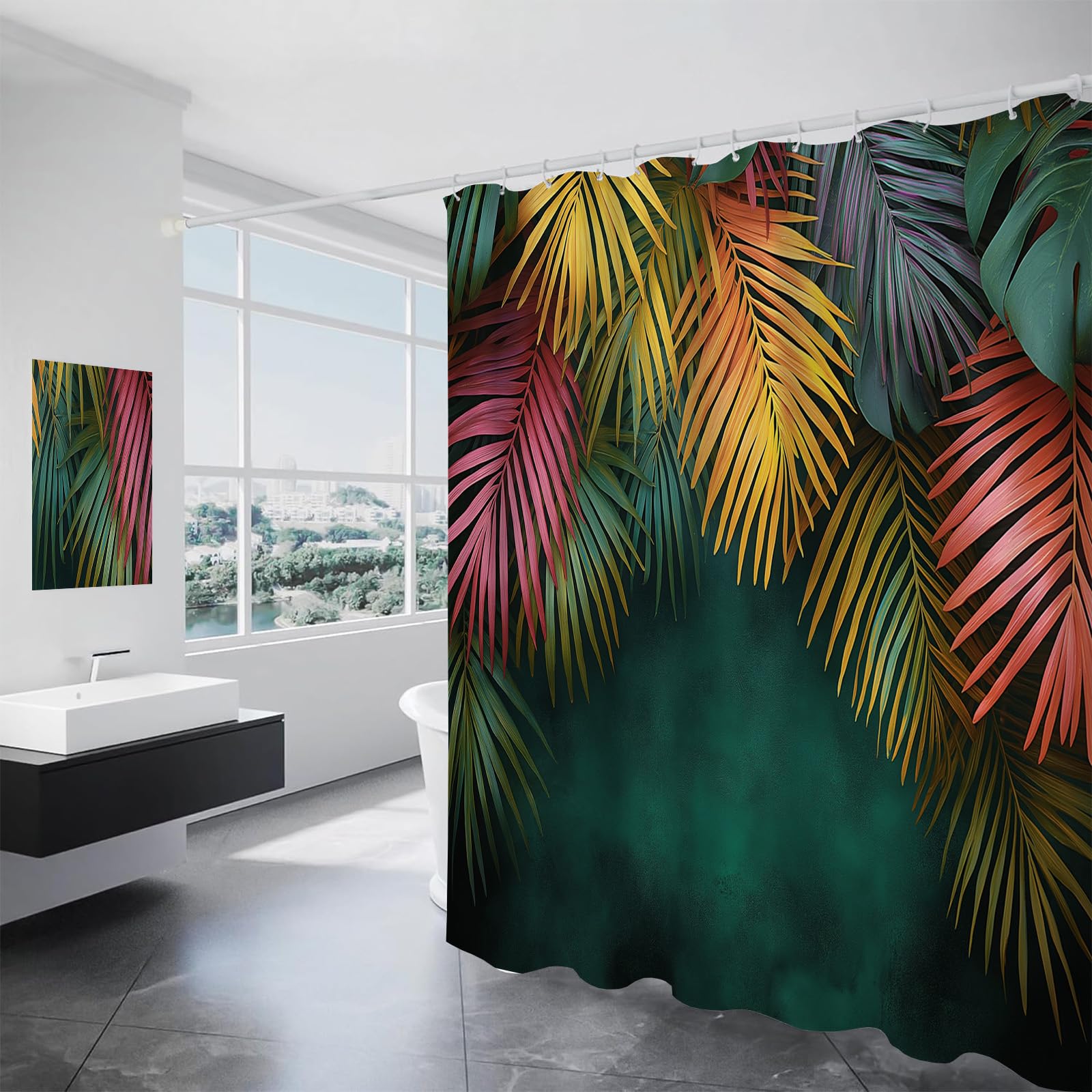Rideau de bain tissu feuilles palmiers imperméable pour baignoire 150x180