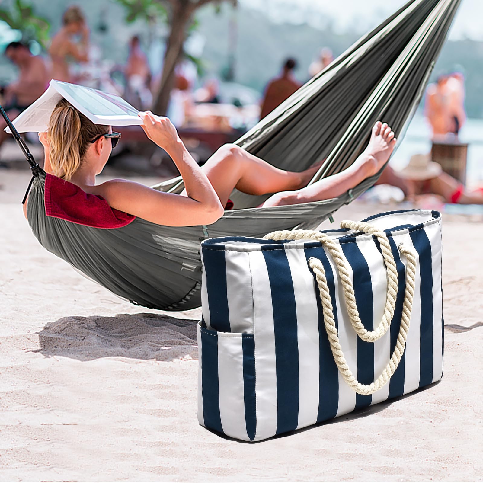 oscaurt Sac de plage imperméable à rayures avec fermeture éclair et poche anti-humidité, grand sac de plage pour femme