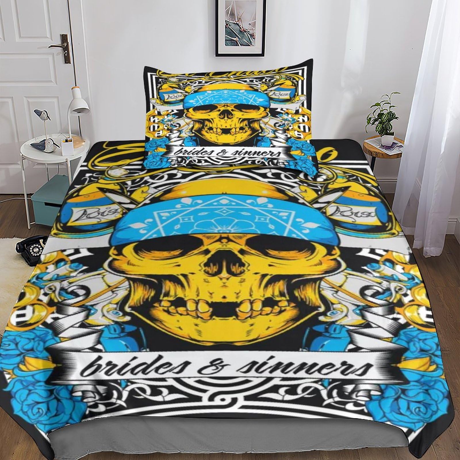 Parure de lit tête de mort 135x200 microfibre avec housse de couette gothique 3D et taie d'oreiller